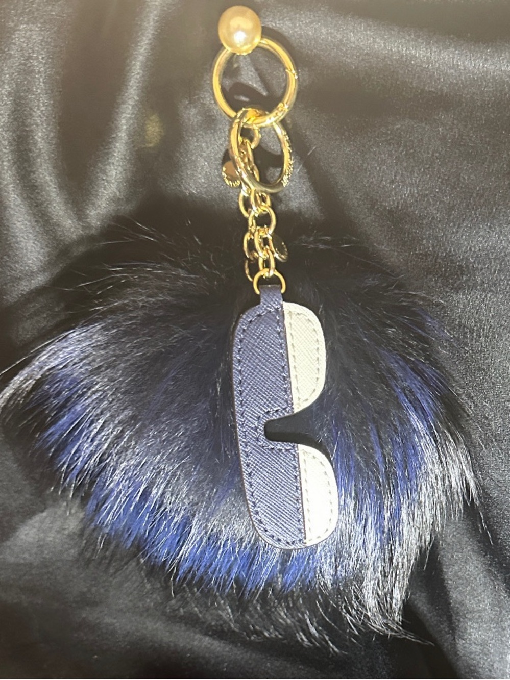 Michael Kors Black and Navy Fur Pom Keychain with Gold Hardware